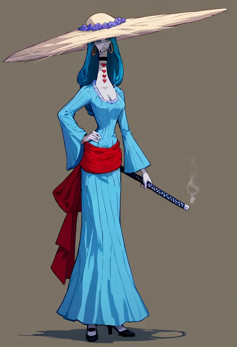 score_9, score_8_up, score_7_up, source_anime, solo, 1girl, Charlotte Amande, blue hair, blue eyes, gray skin, long neck, lips, hoop earrings, huge hat, choker, blue dress, red sash, katana at side, black shoes, cleavage, sexy, cigarette in mouth, one hand on hip, other hand down at side, emotionless, full body, looking down at viewer, standing, dark background