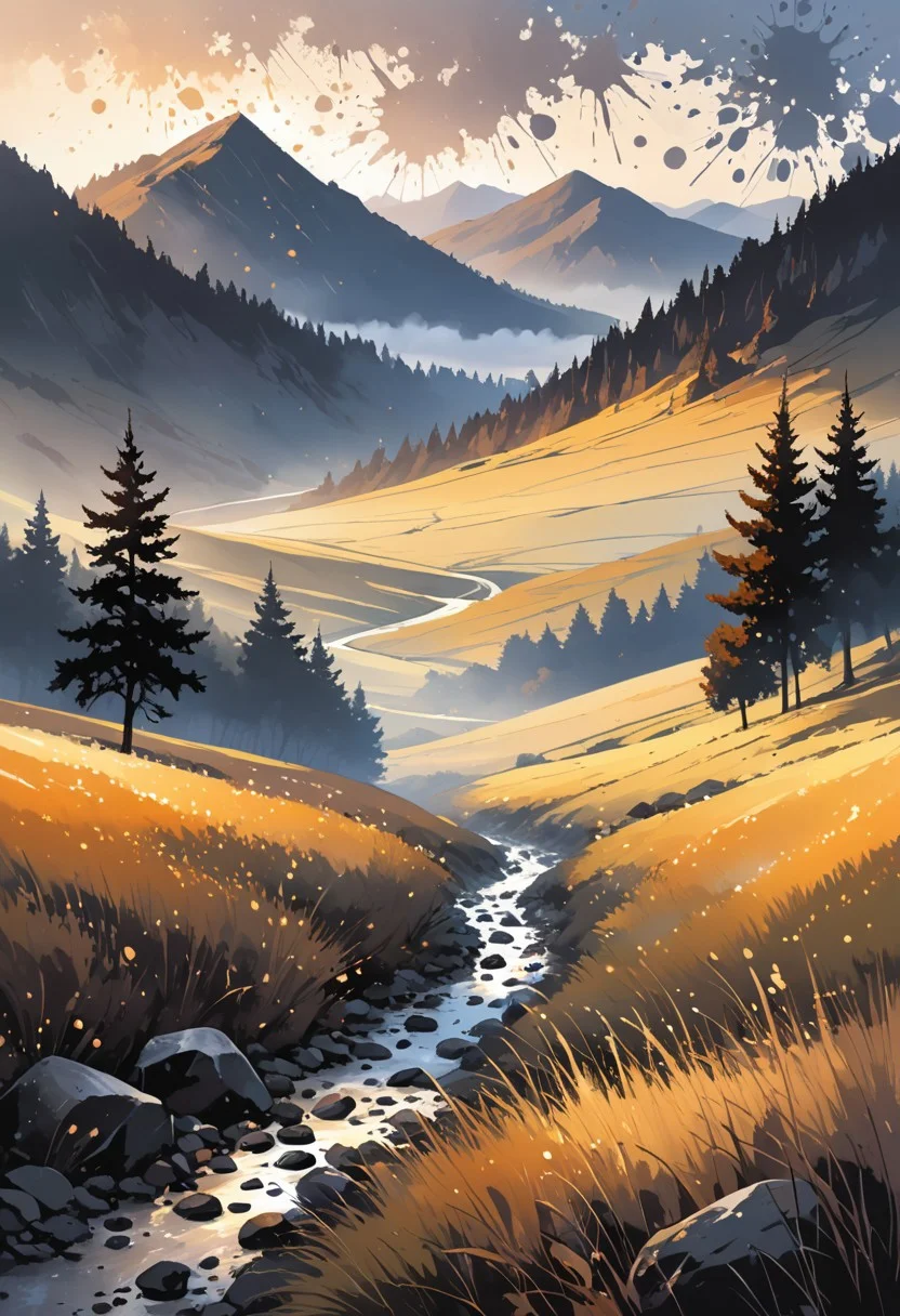 vast landscape with rolling hills and distant mountains (landscape:1.3), ink splatters subtly adding texture and depth across the terrain (ink splatter:2.0), soft gradients in the sky transitioning from light to dark hues (sky:1.0), ink textures blending into the contours of the hills and trees (texture:1.1), scattered trees and rocks punctuating the scene, atmospheric lighting casting long shadows (lighting:1.1), deep valleys filled with mist (mist:0.9), dynamic motion in the ink splatters, creating a sense of movement across the landscape (movement:1.0), rich color palette of muted earth tones with dark inky accents (colors:1.2), minimalist horizon line fading into the distance (minimalist:0.8), dramatic contrast between light and shadow BREAK the ink splatters adding layers of complexity and visual interest (complexity:1.2), subtle interplay of ink and natural elements merging into the environment (blend:1.1)