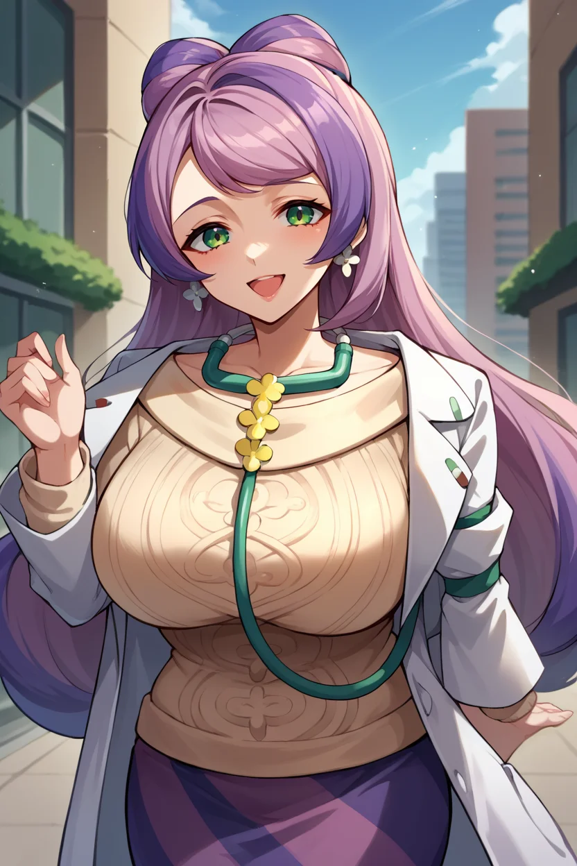 score_9, score_8_up, score_7_up, score_6_up, source_anime BREAK 1girl, mature female <lora:pkmnmiriam-pdxl-nvwls-v1-000004:1> miriam, green eyes, multicolored hair, earrings, labcoat, stethoscope, sweater, purple skirt, striped skirt, large breasts, happy, looking at you, blue sky, city