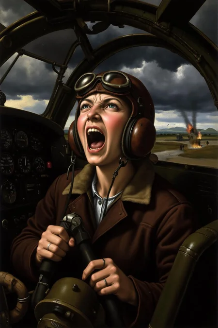 raphael1 painting.
A female pilot screaming inside the cockpit of a World War II bomber. The pilot, wearing a vintage leather flight helmet with goggles and a bomber jacket, grips the controls with white-knuckled hands. Her face is contorted in a mix of fear and determination as she yells, her eyes wide with adrenaline. The cockpit is cramped and filled with old-fashioned dials and gauges, with the outside view showing dark stormy clouds and distant anti-aircraft fire
<lora:raphael1_cap_d6a3:1.0><lora:843642460388256340:0>