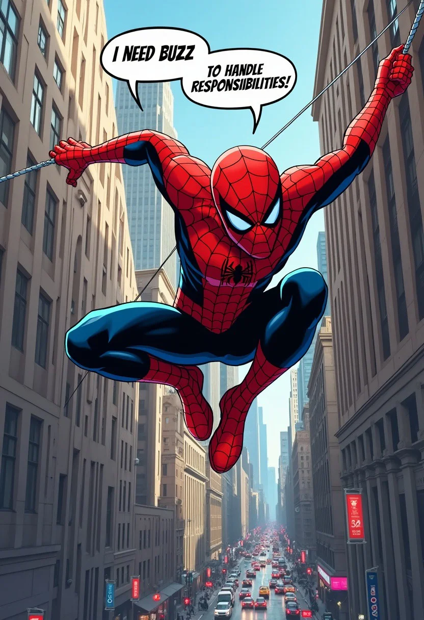 A man in a Spider-Man costume swings high above the bustling New York City skyline, using his web to navigate between skyscrapers. His expression shows determination, while a comic-style thought bubble above him reads, 'I need BUZZ to handle responsibilities.' The cityscape below is vibrant, filled with iconic buildings and lively streets, creating a sense of height and adventure. The image captures the feeling of speed, with motion blur on his web and suit details, adding energy to his flight across the city.