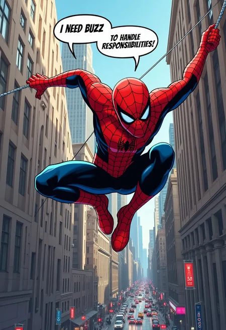 A man in a Spider-Man costume swings high above the bustling New York City skyline, using his web to navigate between skyscrapers. His expression shows determination, while a comic-style thought bubble above him reads, 'I need BUZZ to handle responsibilities.' The cityscape below is vibrant, filled with iconic buildings and lively streets, creating a sense of height and adventure. The image captures the feeling of speed, with motion blur on his web and suit details, adding energy to his flight across the city.