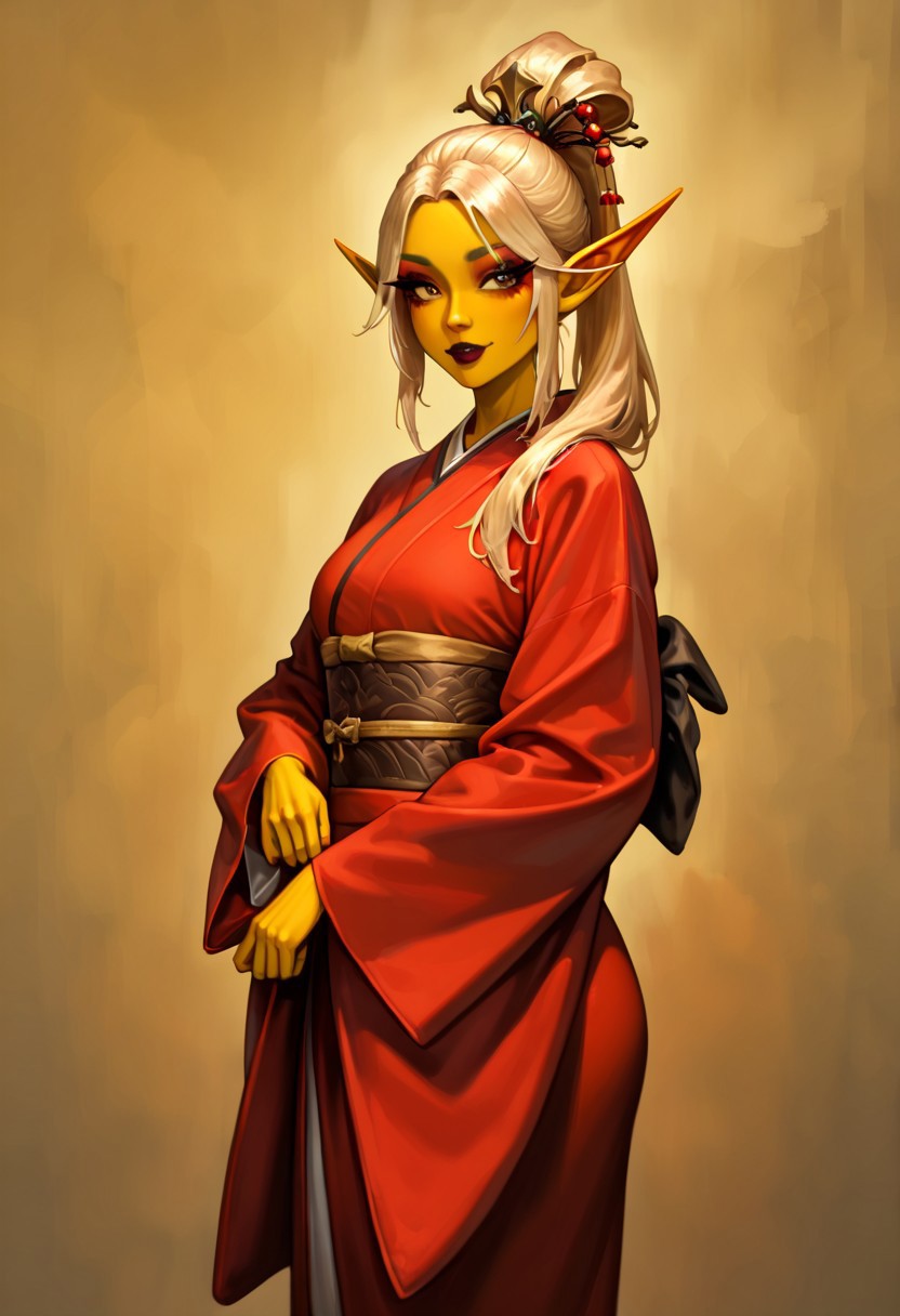 masterpiece, best quality, newest, absurdres, highres, 
D3-ART-V1.0, 
1girl, asian, asian female, elf, elf girl, pointy ears, long hair, yellow skin, blonde hair, golden colored skin, ponytail long ponytail, high taied ponytail, makeup, mascara, brown eyes, golden eyes,
kimono, red kimono, japanese clothes, hair ornament,