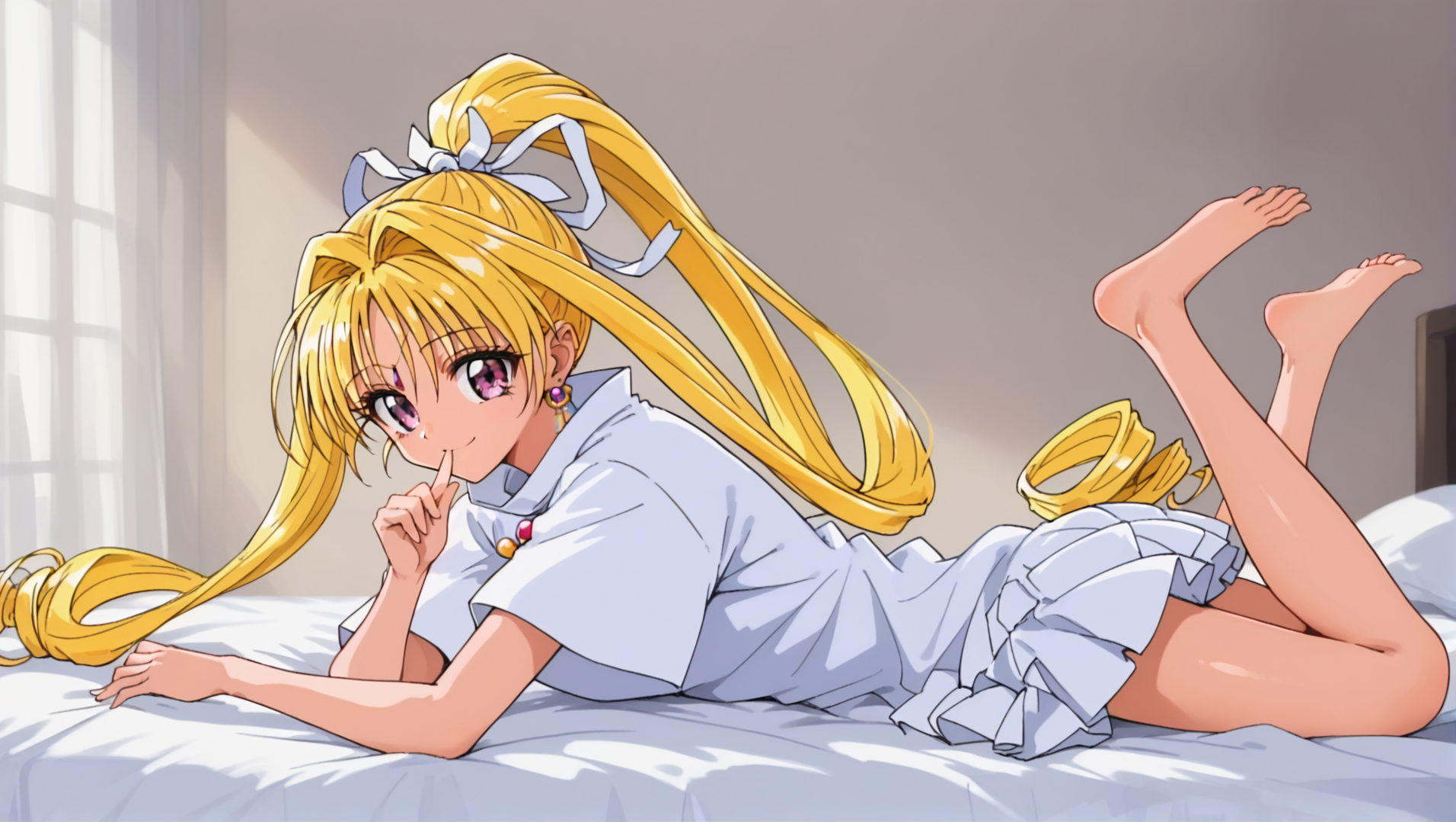 Solo, cute, score_9, score_8_up, score_7_up, KKJs2, artist A style, purple eyes, blonde hair, very long hair, high twintails, high ponytail, drill hair, white hair ribbon, forehead jewelry, earrings, transformation outfit, White outfit, short sleeves, standing collar, cross ornament on chest, bare hands,White layered skirt, bare foot, bare legs, on the bed, on side, on stomach, from side, smiling, finger at mouth, seductive pose