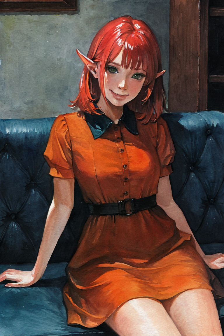 masterpiece, best quality, highres, newest, traditional media, realistic, watercolor \(medium\), elf, pointy ears, red hair, medium hair, green eyes, orange dress, collared dress, medium dress, short sleeves, smile, 1girl, solo, looking at viewer, cowboy shot, sitting, on couch, blue couch, indoors, living room <lora:Ð¡osmic Void [LoRA] - NoobAI-XL EPS 1.0:0.8>