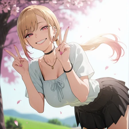 masterpiece,best quality,amazing quality,animated, masterpiece,best quality,absurdres, amazing quality, floating hair,  (dutch angle:0.25), smile teeth,
1girl,solo,pupils,looking at viewer,smile,
blurry background,outdoors,soft lighting,depth of field,morning,lens flare,cherry blossoms,falling petals, large breasts, pink lips, (black pleated skirt), (short skirt:0.85), (black skirt:1.2)
<lora:Marin_Kitagawa_My_Dress-Up_Darling_-_Illustrious:0.7> , Marin Kitagawa, 1girl, blonde hair, long hair, multicolored hair, red eyes, pink nails, nail polish, fingernails, jewelry, earrings, ear piercing, necklace, choker, barbell piercing, bracelet, cute, smile,  makeup,  white blouse, (skinny body:1.2),
(low  ponytail), detailed hair,
<lora:double v_pony_V1.0:1> , double v,