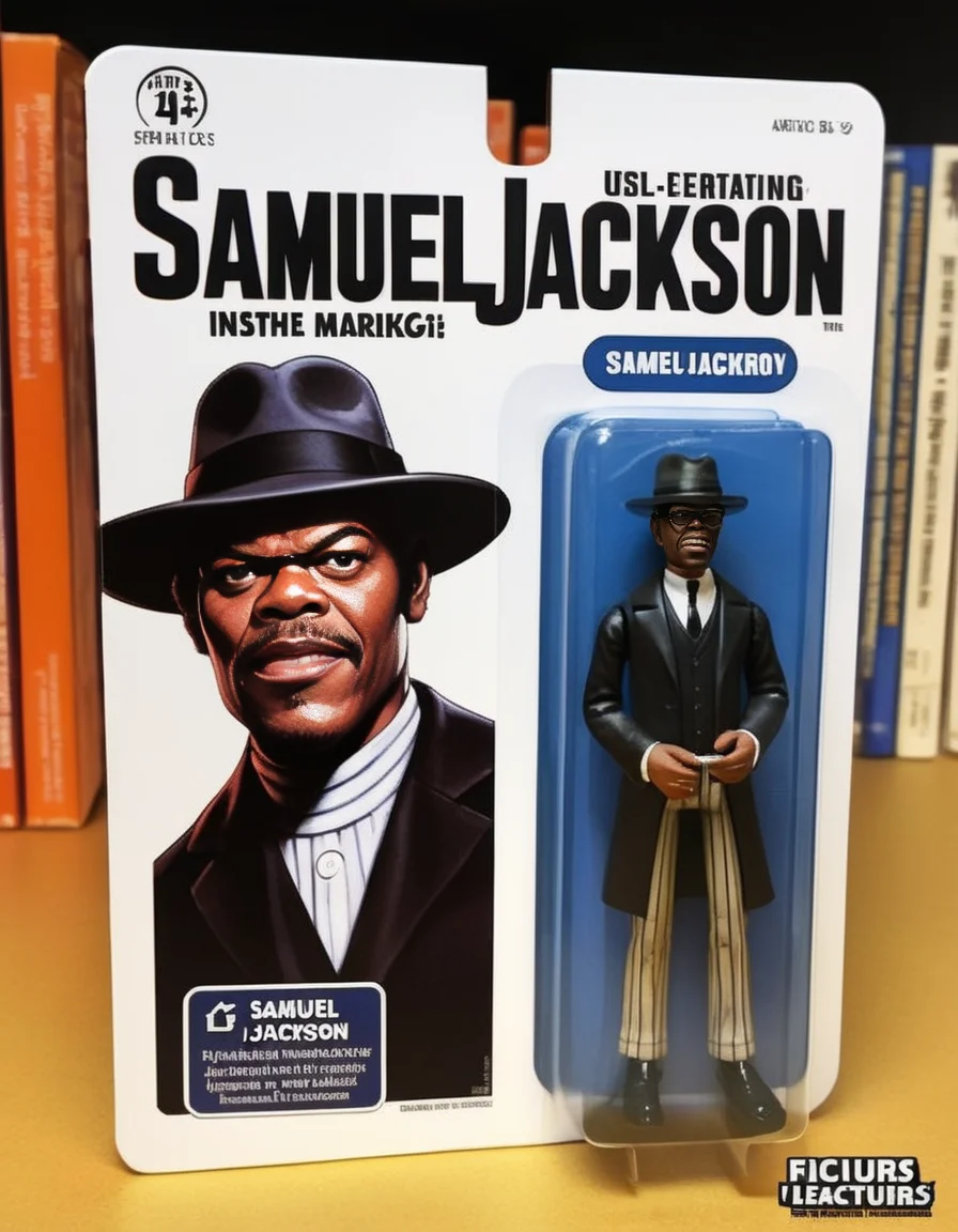 A lifelike figurine resembling the well-known actor, Samuel Leroy Jackson, stands prominently displayed. The figurine captures his iconic features with striking realism, from his intense gaze to his signature expression. Alongside it, the packaging showcases a cartoon illustration of Samuel Leroy Jackson, adding a playful contrast to the realism of the figure. The name 'Samuel Leroy Jackson' is printed in bold, eye-catching letters on the packaging, highlighting his renowned identity.<lora:gonza_v2:0.75>