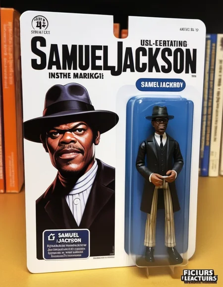 A lifelike figurine resembling the well-known actor, Samuel Leroy Jackson, stands prominently displayed. The figurine captures his iconic features with striking realism, from his intense gaze to his signature expression. Alongside it, the packaging showcases a cartoon illustration of Samuel Leroy Jackson, adding a playful contrast to the realism of the figure. The name 'Samuel Leroy Jackson' is printed in bold, eye-catching letters on the packaging, highlighting his renowned identity.<lora:gonza_v2:0.75>