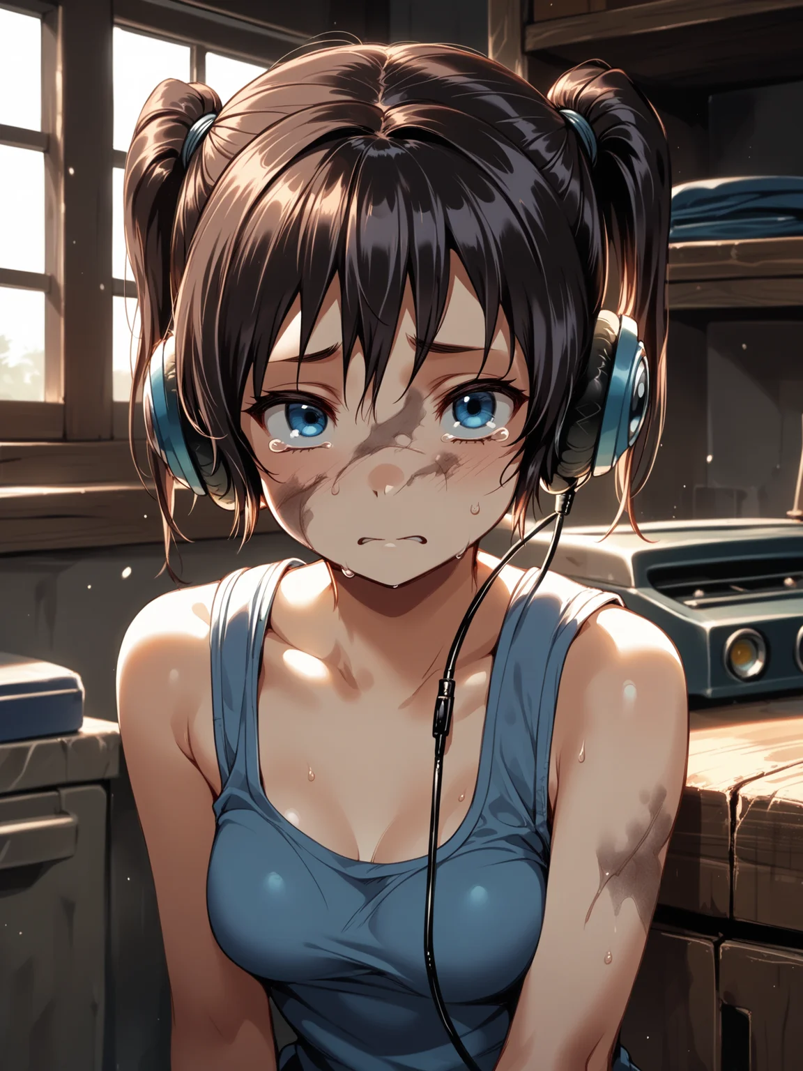 (solo focus, cowboy shot:1.2) <lora:happy_tentacle-mayu-v0.1-000033:1>, ht_mayu, headphones, blue eyes, medium breasts (petite:1.2), <lora:Shed_The_Skin's StS_age_slider_v1_initial_release:-1.2> ( (bare shoulders :1.1) :1.1) (perky breasts:1.2) ( , (crying with eyes open:0.8) , ( :1.2) , , :1) , indoors, ((dusk :0.6), (cloudy sky:0.6) :0.8), ( window :0.9), (furniture:0.9), loaded interior , , , , (east asian architecture :0.8), garage, tank top, jumpsuit, uniform, gloves, dirty face, dirty hands ( :0.8) score_9, score_8_up, score_7_up, score_6_up, score_5_up, score_4_up, ( [(realistic, photorealistic:1.3):(realistic:1.3):20] [(3d:1.2)::14] :1) <lora:LUUNA's Lunas-NijiJourney-SDXL-B2:0.35>, nijijourney <lora:prgfrg23's Counterfeit-V3.0 Style SDXL_LoRA_Pony Diffusion V6 XL:0.5> <lora:mfcg's mfcgXL:0.12> <lora:reweik's gyokai(himehajime)_PonyXL_style_v01:0.14>