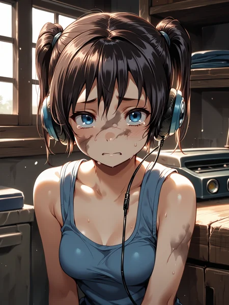 (solo focus, cowboy shot:1.2) <lora:happy_tentacle-mayu-v0.1-000033:1>, ht_mayu, headphones, blue eyes, medium breasts (petite:1.2), <lora:Shed_The_Skin's StS_age_slider_v1_initial_release:-1.2> ( (bare shoulders :1.1) :1.1) (perky breasts:1.2) ( , (crying with eyes open:0.8) , ( :1.2) , , :1) , indoors, ((dusk :0.6), (cloudy sky:0.6) :0.8), ( window :0.9), (furniture:0.9), loaded interior , , , , (east asian architecture :0.8), garage, tank top, jumpsuit, uniform, gloves, dirty face, dirty hands ( :0.8) score_9, score_8_up, score_7_up, score_6_up, score_5_up, score_4_up, ( [(realistic, photorealistic:1.3):(realistic:1.3):20] [(3d:1.2)::14] :1) <lora:LUUNA's Lunas-NijiJourney-SDXL-B2:0.35>, nijijourney <lora:prgfrg23's Counterfeit-V3.0 Style SDXL_LoRA_Pony Diffusion V6 XL:0.5> <lora:mfcg's mfcgXL:0.12> <lora:reweik's gyokai(himehajime)_PonyXL_style_v01:0.14>