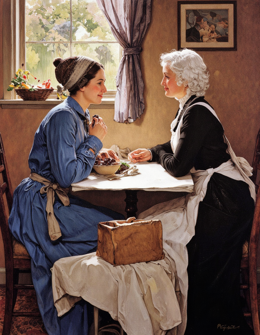 Art by Norman Rockwell. A painting of two women sitting at a table in a cozy room, engaged in a conversation. the woman on the left, wearing a turban and a blue dress, is seated at the table with a bowl of chocolates in front of her, while the other woman, also wearing a black dress and a white apron, is sitting on the right side of the table and appears to be engaged in conversation with her. both women have white hair styled in curls and are looking at each other with smiles on their faces. the room has a warm, inviting atmosphere, with a window in the background, letting in natural light, and a framed picture on the wall. the table is covered with a white tablecloth, and there is a brown paper bag on the table, adding to the cozy ambiance of the scene.
