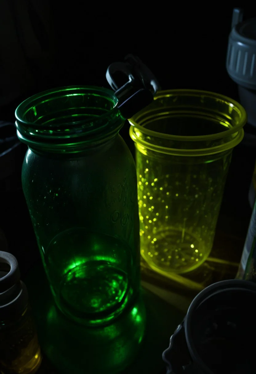 clutter, trash, green glass, yellow goo, backlit, back lit, plastic bag,  bottles, jars, plastic containers, kitchen utensils, strainer, cups, dim lighting, closeup, front view, indoor, low key, dark