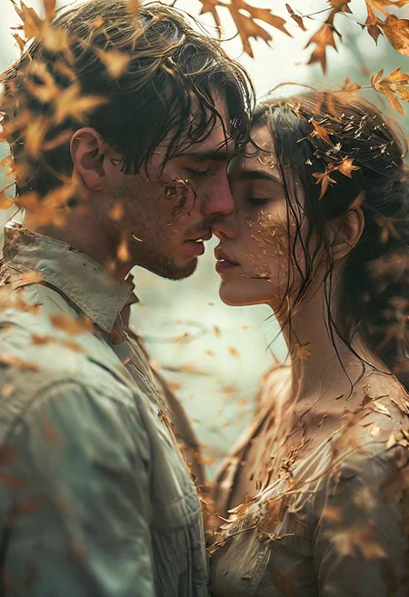 linquivera, couple in love, elanced, kissing, sorrowful expression, faded elegance, poignant atmosphere, lost beauty, melancholic aura, hauntingly captivating, timeless grief, stark contrast, delicate decay, flying leaves, cinematic, line art,backlighting,wind,backlighting,stardust,(wind:1.2) <lora:MJ52:0.7>