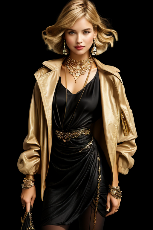 masterpiece,best quality,ultra_detailed,<lora:BellissimaSD1.0:0.8> bellissima, 1girl, smile  <lora:ArmaniStyleSD:1> armani style, haircut style flapper bob, blonde hair, brown hair, double-breasted jacket, silk top, skirt, silk stockings, high heels, shoulder bag, chain necklace, earrings, black theme,by Mario Testino