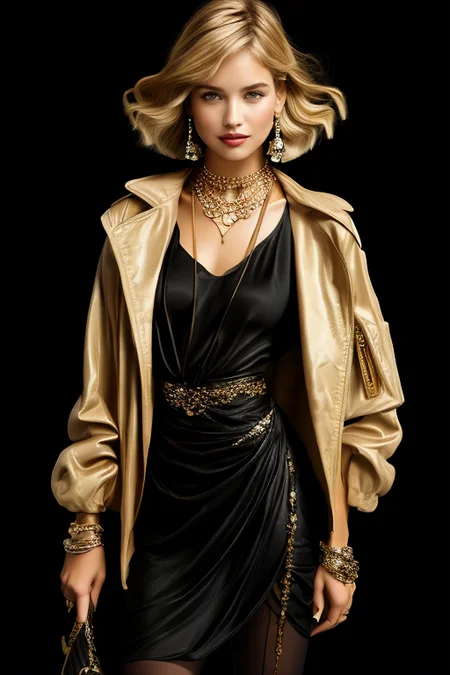 masterpiece,best quality,ultra_detailed,<lora:BellissimaSD1.0:0.8> bellissima, 1girl, smile  <lora:ArmaniStyleSD:1> armani style, haircut style flapper bob, blonde hair, brown hair, double-breasted jacket, silk top, skirt, silk stockings, high heels, shoulder bag, chain necklace, earrings, black theme,by Mario Testino