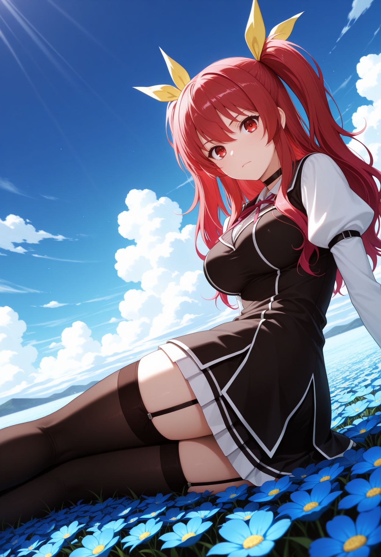 masterpiece,best quality,absurdres,highres,very aesthetic,high quality,detailed,insanely detailed,beautiful,perfect lighting, 
 <lora:Stella Vermillion illu:1> 1girl, long hair, hair ribbon, red hair, red eyes, twintails, two side up, school uniform, yellow ribbon, choker, garter straps, zettai ryouiki, black thighhighs
1girl, flower field,, blue sky, cloud, blue flower, lying, looking at viewer, outdoors,  day, , cloudy sky, closed mouth, on side,