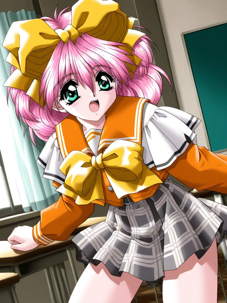 general,highres, ultra-detailed,very aesthetic,best quality ,best hands, BREAK <lora:Kanzaki_Suzu_Akumu_AoiKajitsunoSange_IS:1>
Kanzaki_Suzu, 1girl, solo, pink hair, medium hair, yellow bow, green eyes, hair bow, short,
orange school uniform, gray plaid skirt, white and black skirt, 
afraid,
open mouth,
class room, curtain,