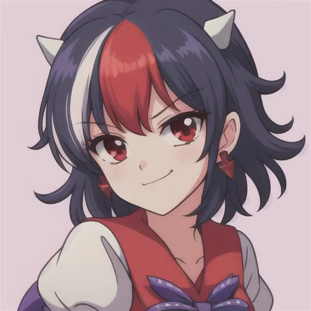masterpiece, best quality, 1girl, solo, solo focus, (((kijin seija))), horns, red eyes, multicolored hair, (black hair), streaked hair, short hair, red hair, white hair, dress, bow, jewelry, bracelet, white dress, blue bow, puffy short sleeves, puffy sleeves, bowtie, blue bowtie, short sleeves, arrow \(symbol\), white shirt, blue sash, purple bowtie, purple bow, buttons, ribbon trim, multicolored clothes, back bow, sash, sailor collar, red sailor collar, ((smug)), thick outlines, (((portrait))), <lora:90sVibesLoraStyle_90sVibe:0.5>, 90s vibes, <lora:seijaKijin_seijaKijin:1>,