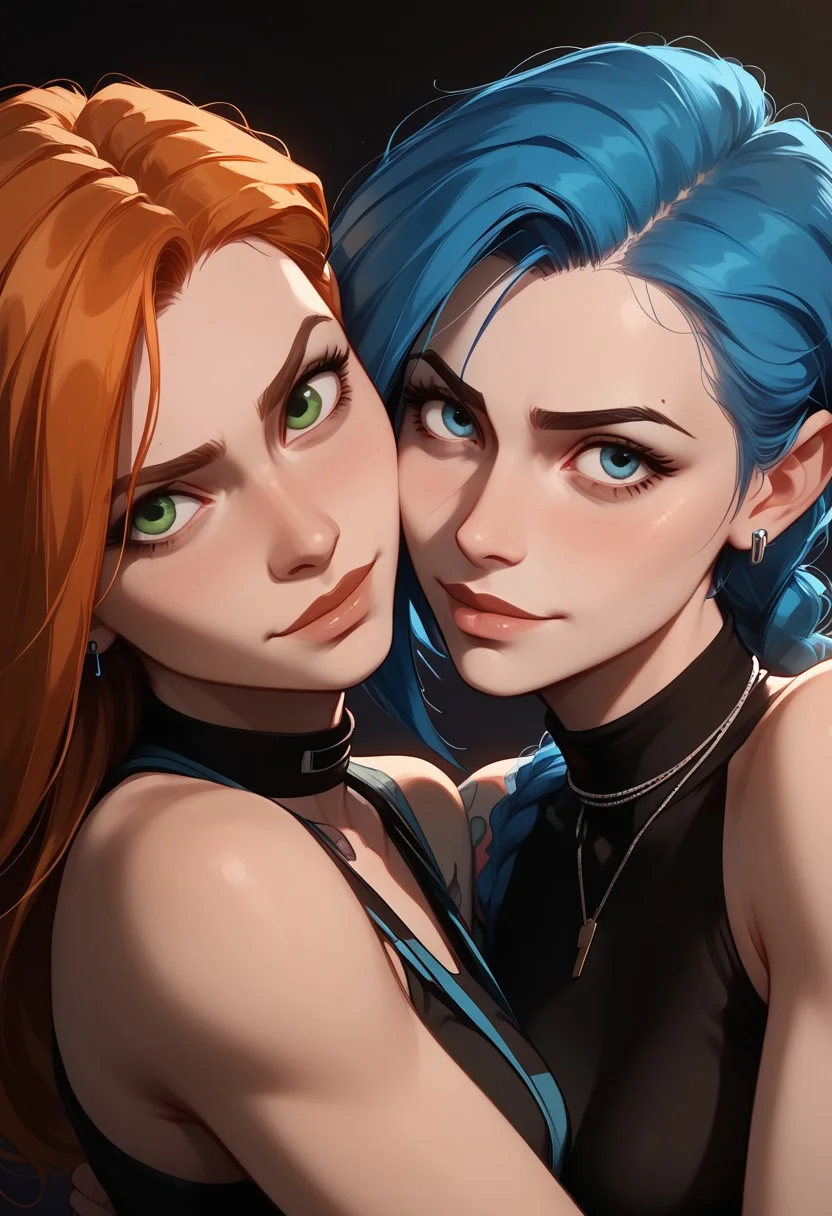 score_10, score_9, score_8, score_7, score_8_up, dark background, god rays, ((2girls)), multiple girls, jinx, (jinx, blue eyes, blue hair), (1petite, Kim Possible, green eyes), Expressiveh, redhead, small neck, blushing, (long hair, midriff, navel), medium hair, jewelry, piercings, lip piercing, leash, (close up view), (((looking at viewer))), ((lustful look)), (heavy breathing, visible motion lines, visible breath)), (looking at viewer lustfully, slight smile, ((hugging each other while looking at viewer)), (((up close view))), ((focus on faces)), (((front view))),