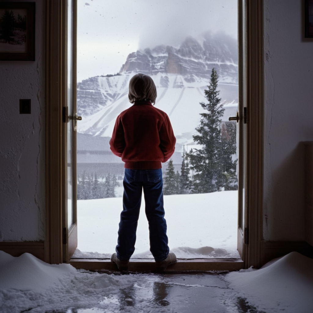 UHD, 4k, ultra detailed, cinematic, a photograph of  <lora:perfection style:0.5> <lora:detailed:0.5> perfection detailed
 <lora:The Shining film style:0.9>
 <lora:1980's style:0.4>
Jack Torrance In the 1980's in the Colorado Rocky Mountains a man from behind standing in a doorway with a snow covered floor,solo,1boy,standing,male focus,pants,indoors,from behind,scenery,door,lamp,picture frame,painting (object) , cinematic, film, kodak, The Shining film style, epic, beautiful lighting, inpsiring