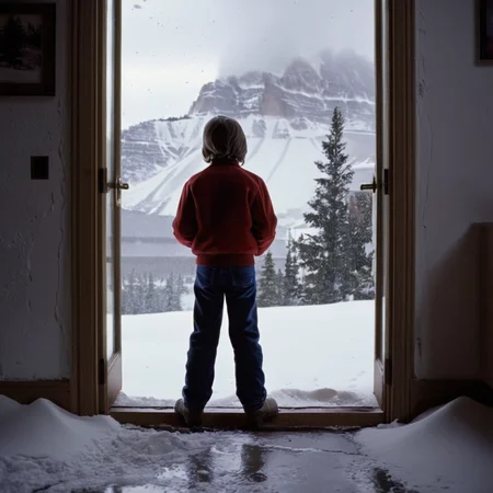 UHD, 4k, ultra detailed, cinematic, a photograph of <lora:perfection style:0.5> <lora:detailed:0.5> perfection detailed
<lora:The Shining film style:0.9>
<lora:1980's style:0.4>
Jack Torrance In the 1980's in the Colorado Rocky Mountains a man from behind standing in a doorway with a snow covered floor,solo,1boy,standing,male focus,pants,indoors,from behind,scenery,door,lamp,picture frame,painting (object) , cinematic, film, kodak, The Shining film style, epic, beautiful lighting, inpsiring