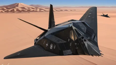 <lora:F-117_Illustrious:1> (two:1.4) F-117, aircraft in formation, sky,desert,masterpiece,best quality,amazing quality