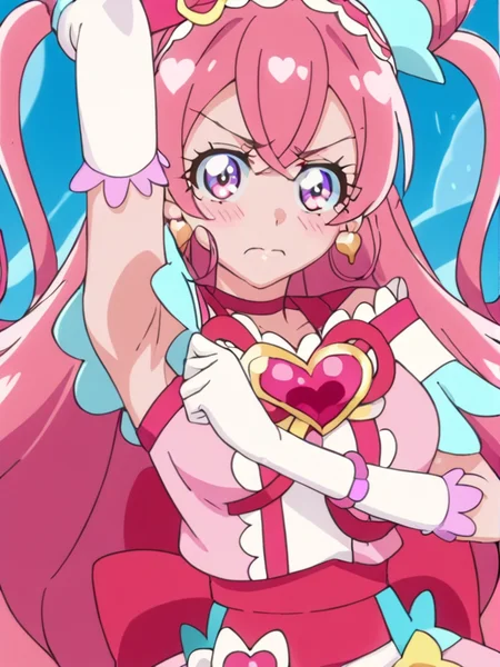 score 9, score 8 up, score 7 up, detailed background, shiny skin,
<lora:cureprecious.pony:1>,
cureprecious,
armpit, large breasts, heavy blush, half-closed eyes, embarrassed, pulling shirts side,