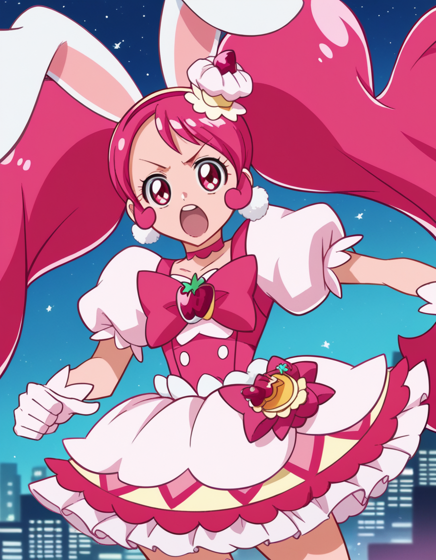 score_9, score_8_up, score_7_up, source_anime,
<lora:ichika-usami-anime-ponyxl-lora-nochekaiser:1>, ichika usami, hair ornament, twintails,
gloves, dress, bow, animal ears, jewelry, pink hair, earrings, choker, puffy sleeves, white gloves, rabbit ears, magical girl, pink bow, pom pom \(clothes\), food-themed hair ornament, pink choker,
cityscape, open mouth, fighting stance,
looking at viewer, cowboy shot, dutch angle, solo,