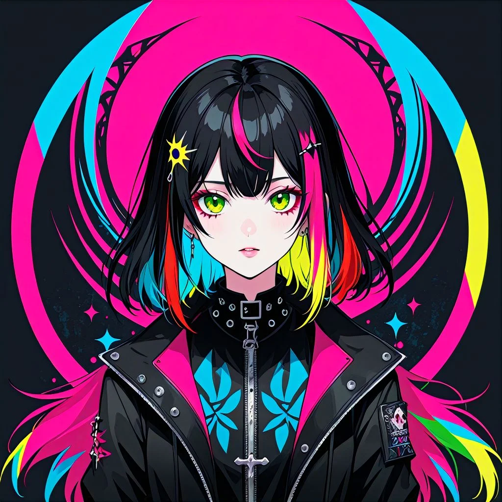 Biribiri with primarily black color palette with bright-pink yellow red and blue-green with background in gothic punk art style