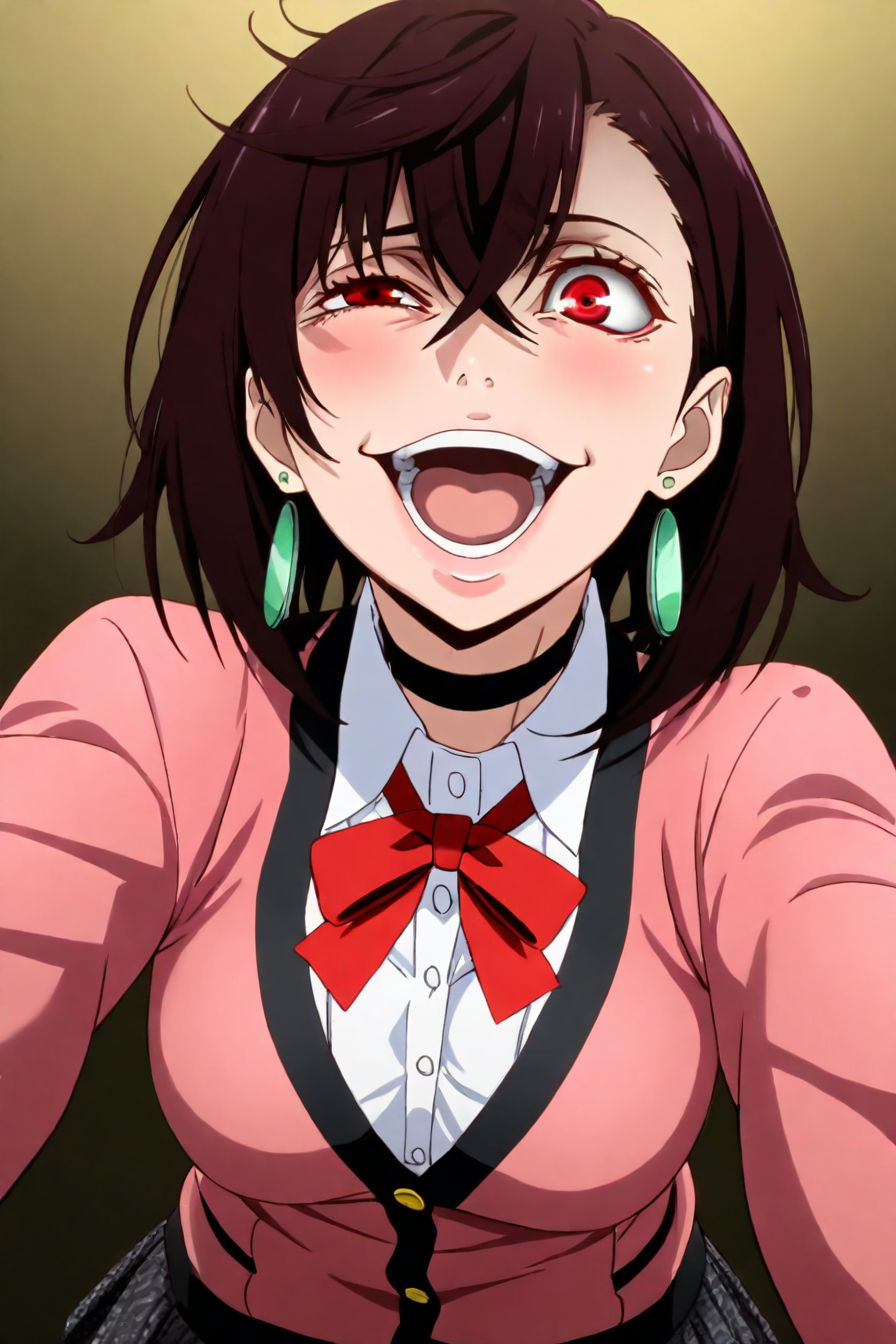 <lora:ayase_momo-koto-Illustrious v01:0.6> ayasemomo, hair between eyes, crossed bangs, green earrings, brown hair, red eyes, black choker, short hair, white shirt, red bowtie,pleated skirt,school uniform, pink cardigan, long sleeves, 1girl, solo, alone, <lora:kakegurui_face_illustriousXL-000009:1>, kakegurui_face_expression, asymmetrical open eyes, one squinting eye, one small open eye, one narrow eye, one wide-open eye, open mouth, teeth , tongue, crazy face, masterpiece, highres