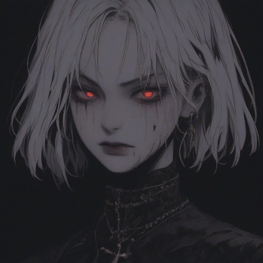 score_9, score_8_up, score_7_up, flat color, blood dripping from mouth, demon girl, demon horns, gthan, gothic, jewelry, red glowing eyes, solo, blood, earrings, cross, 1girl, black background, looking at viewer, portrait, short hair, necklace, blood on face, cross necklace, simple background, spot color, closed mouth, white hair, cross earrings
