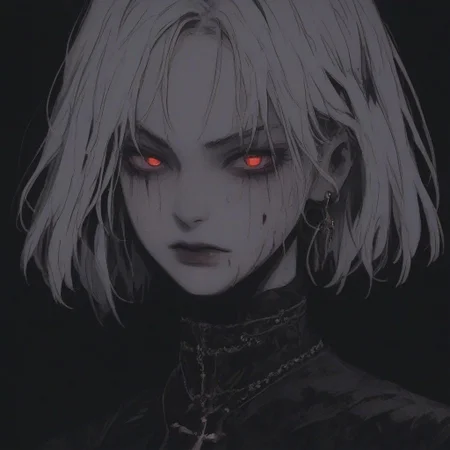 score_9, score_8_up, score_7_up, flat color, blood dripping from mouth, demon girl, demon horns, gthan, gothic, jewelry, red glowing eyes, solo, blood, earrings, cross, 1girl, black background, looking at viewer, portrait, short hair, necklace, blood on face, cross necklace, simple background, spot color, closed mouth, white hair, cross earrings