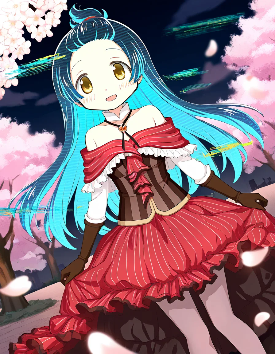 masterpiece, best quality, newest, absurdres, highres, safe, 1girl, azumi hagumu, magia record: mahou shoujo madoka magica gaiden, glitch hair, glitch, solo, smile, open mouth, outdoors, cherry blossoms, night, dutch angle, <lora:azumi_hagumu_noobaiXLNAIXL_vPred10Version:0.7>