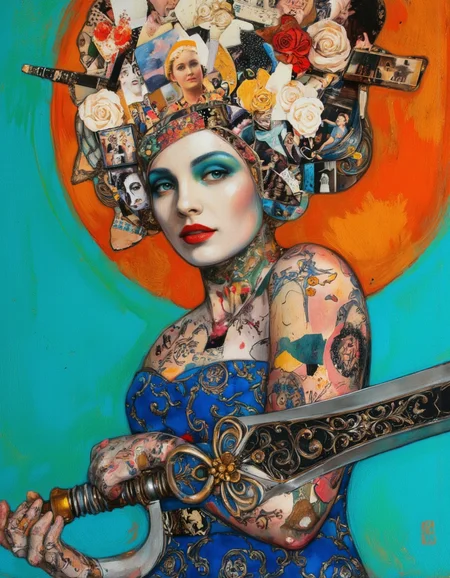 . A photo-realistic painting of a woman with a mysterious and captivating expression, standing in the middle of the frame, wearing a blue dress adorned with intricate, colorful patterns and a headpiece made of various photographs. the woman has pale skin, blue eyes, and red lipstick, and her hair is styled in a voluptuous manner. she is holding a large, ornate sword in her right hand and her left hand is crossed over her chest. the background is a vibrant mix of turquoise and orange hues, with abstract shapes and textures that create a sense of depth and dimension. the style is reminiscent of surrealism, with a focus on the woman's intricate details and vibrant colors. the overall effect is one of elegance and sophistication, with the woman standing out against the abstract background.