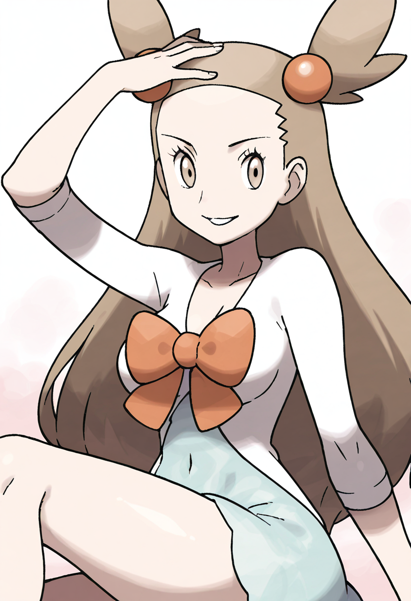 masterpiece, best quality, 1girl, solo, eyelashes, (beautiful eyes), shiny skin, looking at viewer, smile, aged up, large breasts,  zzJasmine, brown eyes, hair bobbles, hair ornament, light brown hair, two side up, long hair, forehead,  white cardigan, green dress, orange bow, sleeves past elbows,  <lora:JasminePokemon_IXL_v2:1.0>, laying on side, one arm supporting head, relaxed, looking at viewer,