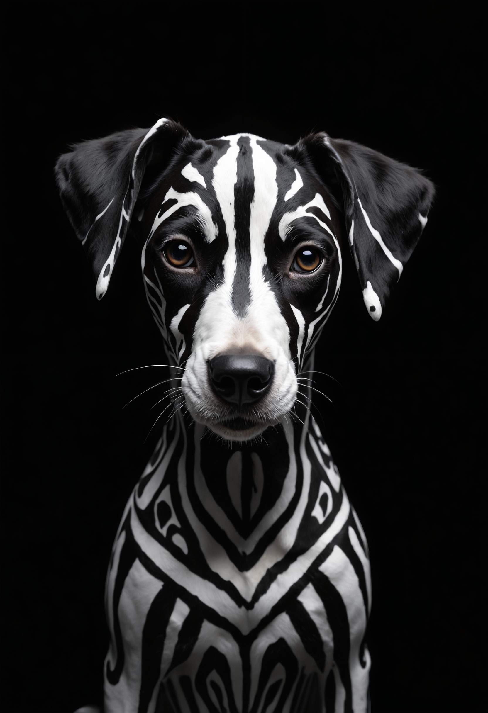 Hyperrealistic close-up portrait of a Dalmatian dog with striking, artificially painted geometric patterns. The dog's face and upper body are covered in bold, precise white stripes and shapes against its natural black fur, creating a mesmerizing optical illusion. The pattern features straight lines, right angles, and symmetrical designs reminiscent of tribal or futuristic art.
The dog's alert, intelligent eyes stand out against the black and white contrast, conveying a sense of curiosity and mild confusion. Its ears are perked up, adding to the attentive expression. The dog's nose is shiny and black, perfectly centered in the composition.
Shot against a pure black background, the lighting is dramatic and high-contrast, emphasizing the stark black and white patterns. The illumination highlights the texture of the dog's short fur and the glossiness of its eyes.
Every detail is captured with precision: individual hairs, the subtle variations in the dog's skin texture, and the crisp edges of the painted patterns. The image is composed as a head and shoulder shot, filling the frame with the dog's uniquely adorned face and upper body.
The overall effect is a striking blend of nature and artificial design, creating an image that is both familiar and surreal, captured with the clarity and depth of a high-end fashion or wildlife photograph.