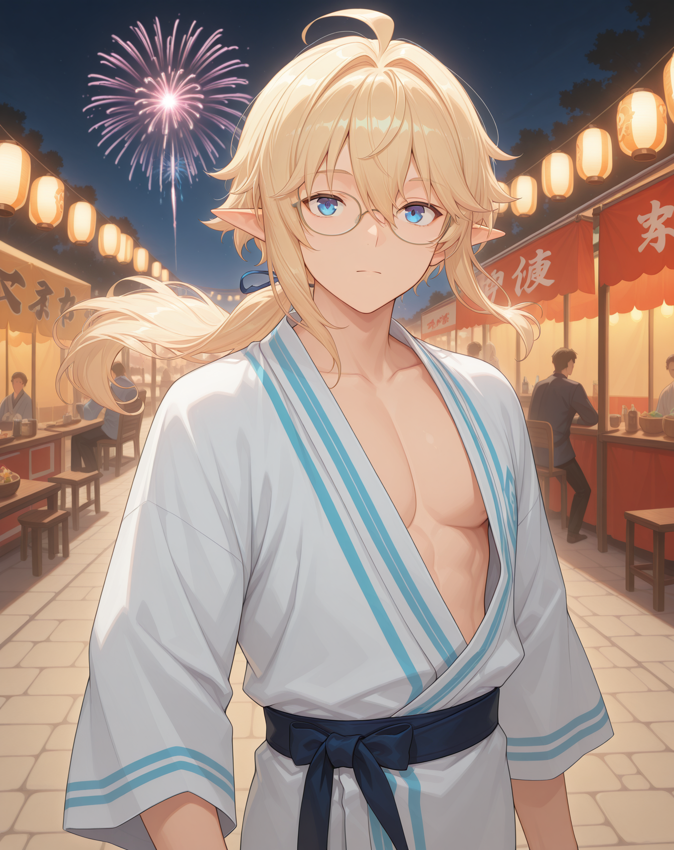 masterpiece,best quality,amazing quality, newest, very aesthetic, absurdres,
1boy, solo, yaoi, male focus, looking at viewer, cowboy shot,
<lora:Grandiel_Likability_ilxl:1> likabilitygrandiel, pointy ears, blonde hair, blue eyes, long hair, glasses, hair between eyes, ahoge, low ponytail, floating hair, elf, sidelocks,
yukata, open clothes,
outdoors, festival, night, fireworks, stone floor,