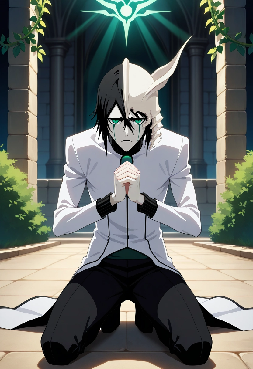 masterpiece, best quality, intricate details, anime screencap, , , , , 1boy, solo, male focus, <lora:ulquiorra_cifer_ilxl:0.9>, ulquiorra_cifer, black hair, green eyes, facial mark, hair between eyes, , temple, vine, stone wall, glowing symbol, sunbeam, praying, kneeling pose, serene expression, Camo joggers, Striped crew neck sweater, , Headband, Oxygen Mask