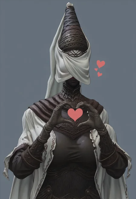 score_9, score_8_up, score_7_up, score_6_up, score_5_up, score_4_up, 1girl, <lora:NoxSwordstress:0.85> solo, large breasts, colored skin, black skin, faceless, veil, helmet, armor, cape, cloak, gloves, boots, upper body, heart hands, blush,
(light blue background:1.15), simple background,