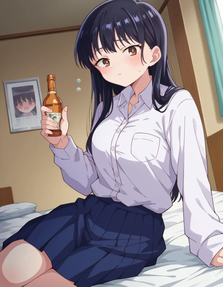 score_9, score_8_up, score_7_up, source_anime,
annayamada, <lora:anna-yamada-s2-ponyxl-lora-nochekaiser:1>,
anna yamada, long hair, bangs, black hair, brown eyes,
skirt, shirt, school uniform, white shirt, pleated skirt, collared shirt, sweatdrop, blue skirt, pocket, shirt tucked in,
indoors, bed, bed room, on side, blush, drunk,
looking at viewer, cowboy shot, dutch angle,