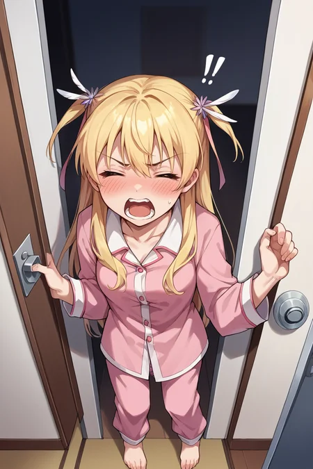 score_9, score_8_up, score_7_up, score_6_up, source_anime, BREAK 1girl  <lora:alisareinford-pdxl-nvwls-v1-000006:0.9> sen2alisa, blonde hair, two side up, pink pajamas, loose clothes, blush, closed eyes, yelling, from above, doorway, bedroom