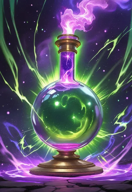 Score_9, Score_8_up, Score_7_up, Score_6_up, Score_5_up, Score_4_up, high_def, highest quality, 4k, best quality, masterpiece, no humans, object focus, focused, defined, (Photorealistic magic potion:1.3), intricate glass bottle, elixir, purple colors, green colors, black gues , bubbling, ethereal light, flashy lights, magic lights, luminous, dynamic reflections, magical aura, highly detailed, fantasy essence, glowing particles, radiant aura, A3THER, no humans
