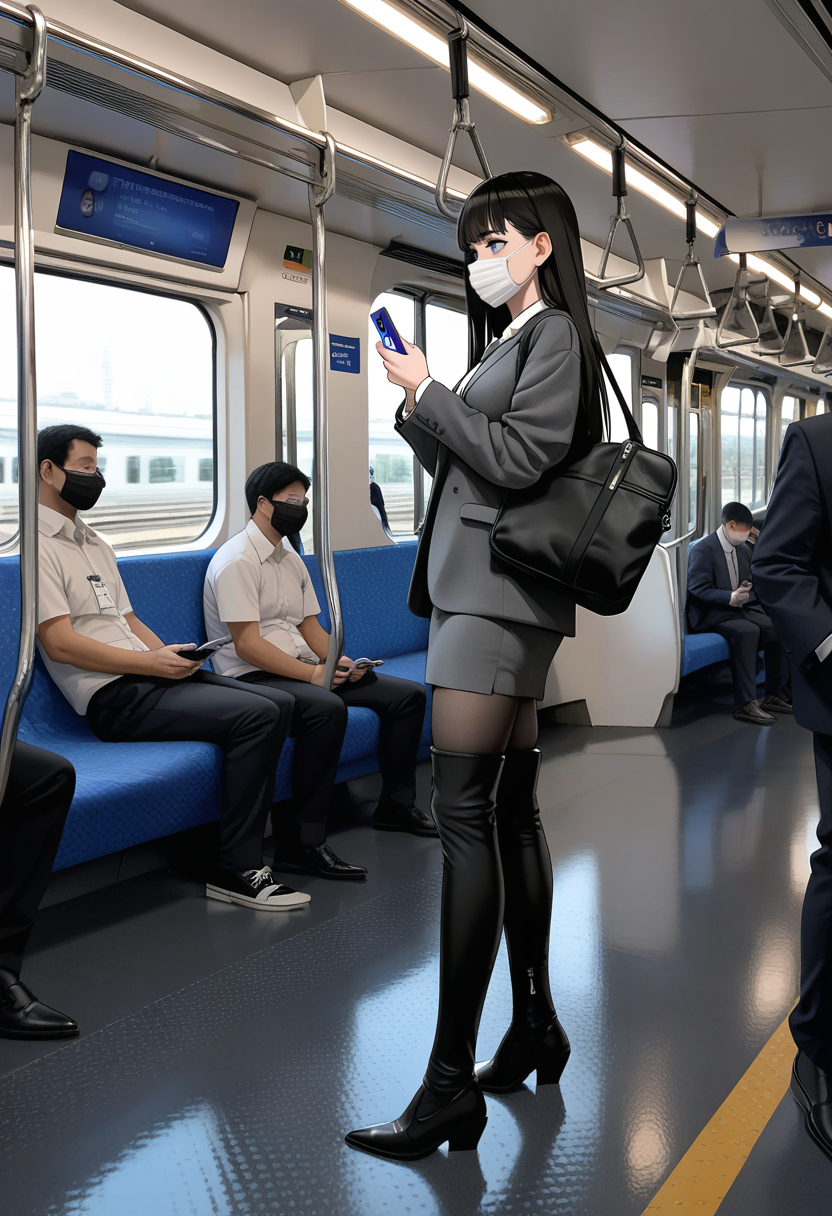 as109,yomu \(sgt epper\),omone hokoma agm,chen bin,(cowboy shot:1.3),cinematic angle,from side,profile,1girl,solo,high-waist pantyhose,black pantyhose,pantyhose under boots,highly detailed BREAK <lora:ZaraCBB:1:lbw=CLOTHE>,zaracbb,thigh boots,boots,black footwear,leather boots BREAK black hair,long straight hair,side blunt bangs,hime cut BREAK absurdres,highly-detailed,best quality,masterpiece,amazing shading,detailed illustration,zaracbb,white shirt tucked in,black blazer,open jacket,grey skirt,white mouth mask,blue eyes BREAK shoulder bag,standing,<lora:StS_PonyXL_Detail_Slider_v1.4_iteration_3:3>,<lora:E235_PONY_V1:0.6>,e235,depth of field,crowded,crowd,train interior,scenery,seat,window,screen,holding cellphone,(looking at phone:1.3),hand in pocket,