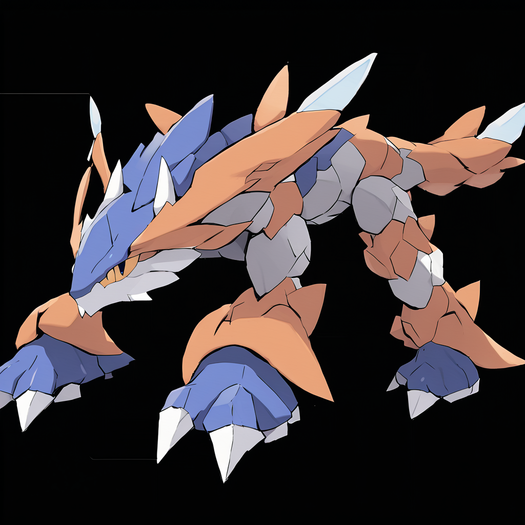 <lora:pokemon_pony_xl:1>, watercolor creature art like pokemon, Type: Dragon, Type: Ground, Egg Group: Human-Like, is a pokemon creature that The creature's scent is a mix of Orange aromas that mark its presence and soothe other Steel beings,Its claws secrete a Fighting substance that can corrode metal upon contact,It possesses a Blue frill around its neck, which it can erect to appear larger to predators,It has a Blue tendril that it uses to grasp objects demonstrating its Rock dexterity,Its tears turn into White crystals upon touching the ground treasured by many for their Rock properties score_9, score_8_up, score_7_up, score_6_up, score_5_up, score_4_up.  Simple black background, (Masterpiece:1.3) (best quality:1.2) (high quality:1.1)
