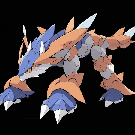 <lora:pokemon_pony_xl:1>, watercolor creature art like pokemon, Type: Dragon, Type: Ground, Egg Group: Human-Like, is a pokemon creature that The creature's scent is a mix of Orange aromas that mark its presence and soothe other Steel beings,Its claws secrete a Fighting substance that can corrode metal upon contact,It possesses a Blue frill around its neck, which it can erect to appear larger to predators,It has a Blue tendril that it uses to grasp objects demonstrating its Rock dexterity,Its tears turn into White crystals upon touching the ground treasured by many for their Rock properties score_9, score_8_up, score_7_up, score_6_up, score_5_up, score_4_up. Simple black background, (Masterpiece:1.3) (best quality:1.2) (high quality:1.1)