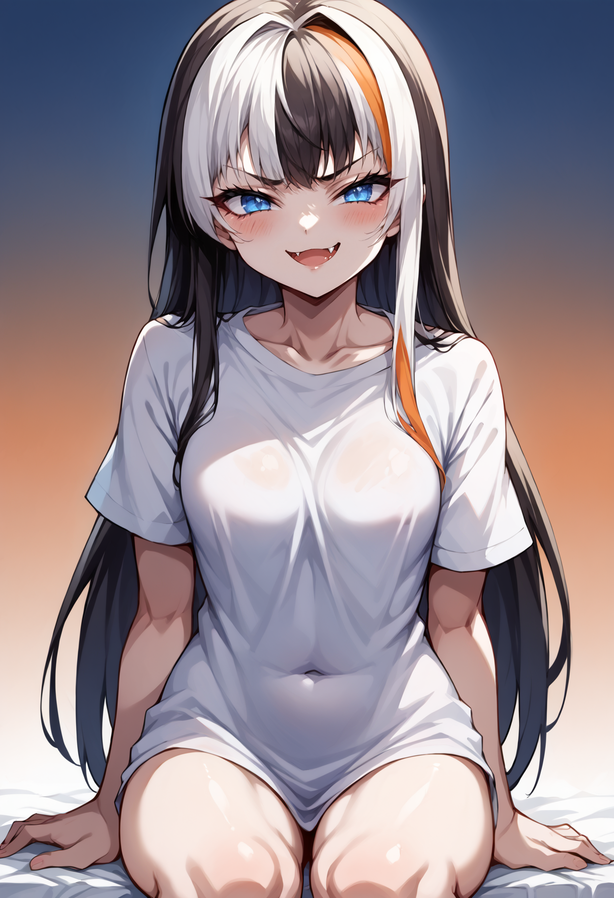 score_9, score_7_up,  source_anime, uncensored, zPDXLxxx, <lora:intricate_details:1> intricate_details_xl, gradient background, (sacrifice:1.25) orange background,  cowboy shot,
1girl, solo, adult, streaked hair, topknot, long hair, blue eyes, looking at viewer, T-shirt,  <lora:Mesugaki_Concept_v1.1:1> mesugaki, smug, skin fang, sitting