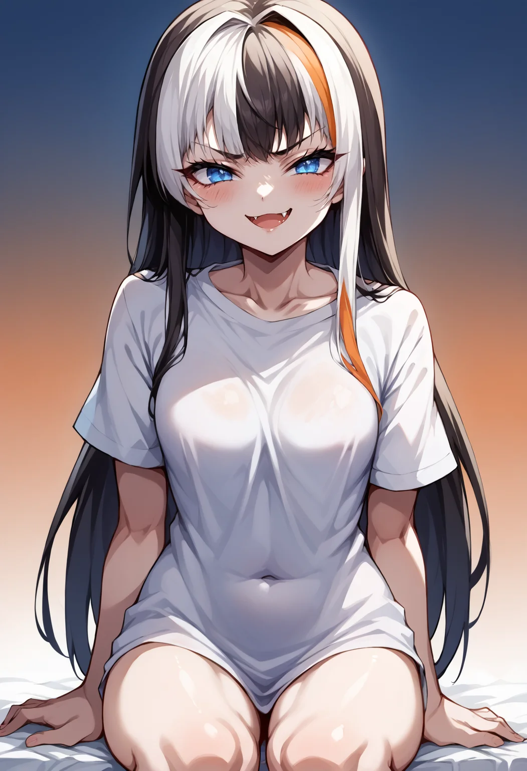score_9, score_7_up, source_anime, uncensored, zPDXLxxx, <lora:intricate_details:1> intricate_details_xl, gradient background, (sacrifice:1.25) orange background, cowboy shot,
1girl, solo, adult, streaked hair, topknot, long hair, blue eyes, looking at viewer, T-shirt, <lora:Mesugaki_Concept_v1.1:1> mesugaki, smug, skin fang, sitting