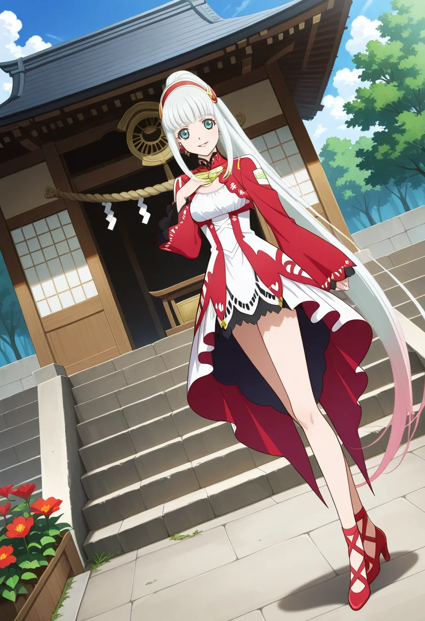shrine, trees, clouds, day, flowers, stairs,
BREAK,
light smile, parted lips, hand on chest,
full body, dynamic angle,
BREAK,
<lora:lailahI_illustriousXL_v04:1>
lailahdef, silver hair, very long hair, multicolored hair, blunt bangs, pink hair, ponytail, aqua eyes,
laced collar, breast cutout, jewelry, sidelocks, white dress, red dress, multi-colored dress, long sleeves, red sleeves, wide sleeves, white overskirt,
red high heels, long legs,, source_anime, very aesthetic, anime coloring, masterpiece, 
best quality, amazing quality, ultra detailed, very aesthetic, 
detailed background, 
BREAK,