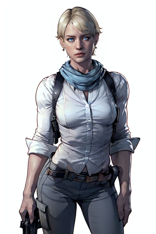 masterpiece,best quality,face detail,extreme detail,8k,((white background)),<lora:sherrybirkin:0.7>,sherrybirkin2,1girl,solo,short hair,blue eyes,blonde hair,shirt,earrings,belt,pants,scarf,sleeves rolled up,realistic,holster,trigger discipline,