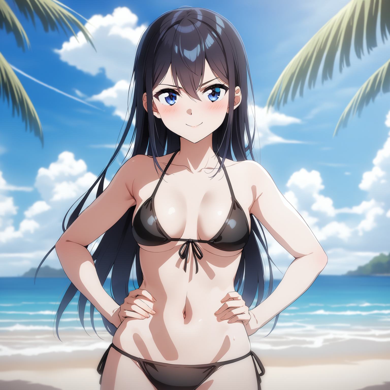 [high quality, best quality], [cinematic], 1girl, solo, hanaoi rena, black string bikini, long hair, hands on hip, looking at viewer, smile, blush, beach, summer, sky, cloud, [bloom, hdr], <lora:suzurena:0.64>